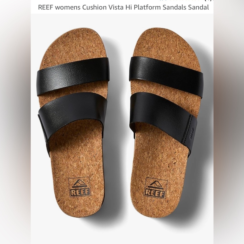 Reef platform slide sandal. Black with cork footbed, white platform. Size 6